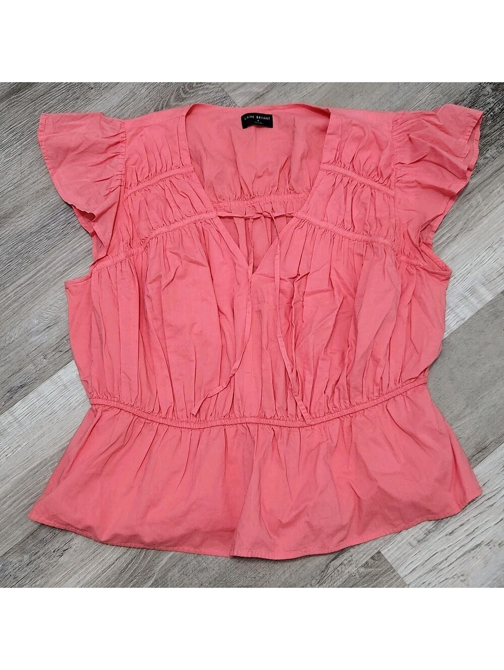 Lane Bryant Top Size 18 Coral Pink V Neck Ruffle Short Sleeve Stretchy Blouse